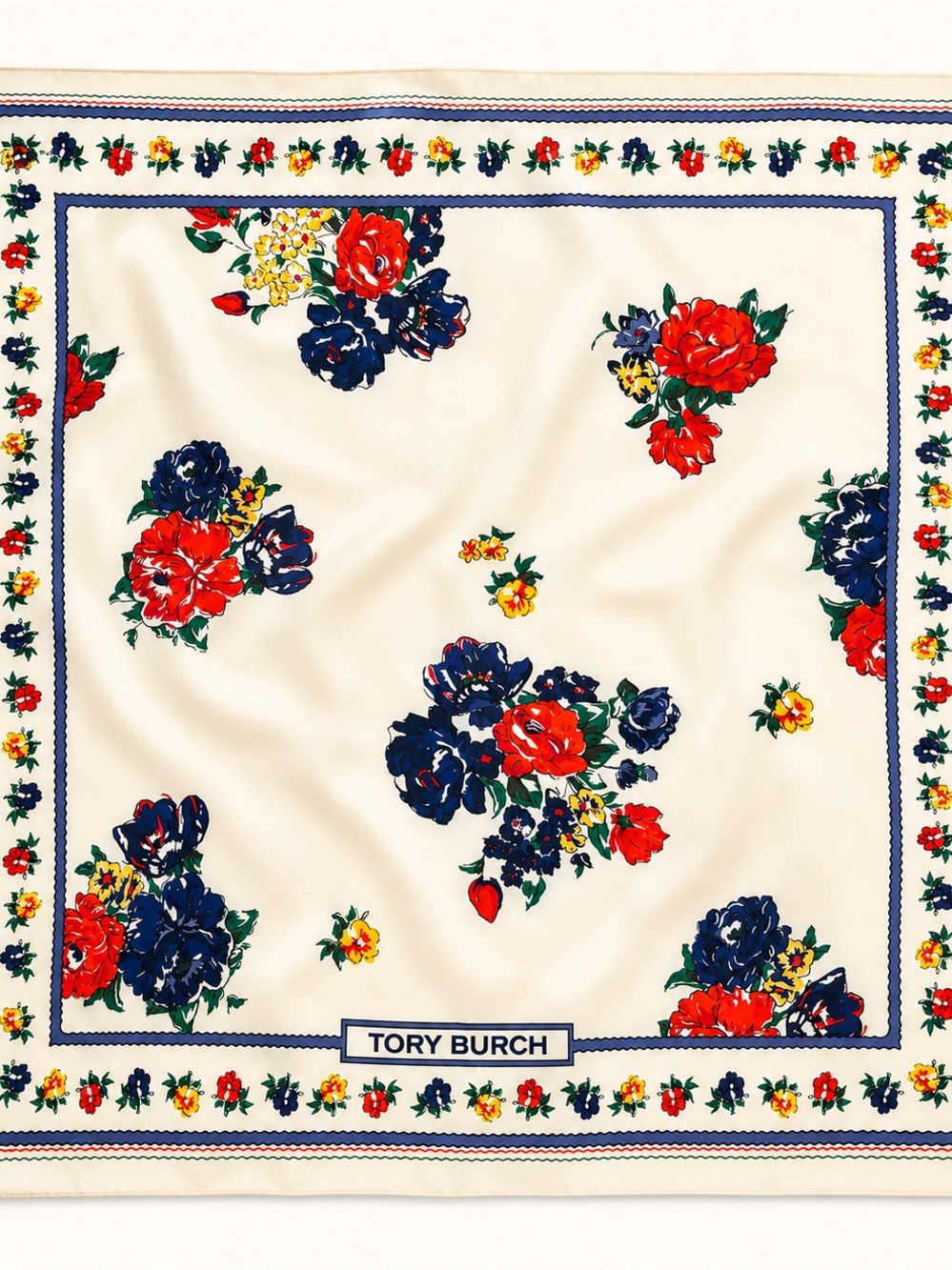 Tory Burch Floral Silk Scarf in Cream, Navy & Red Neckerchief
